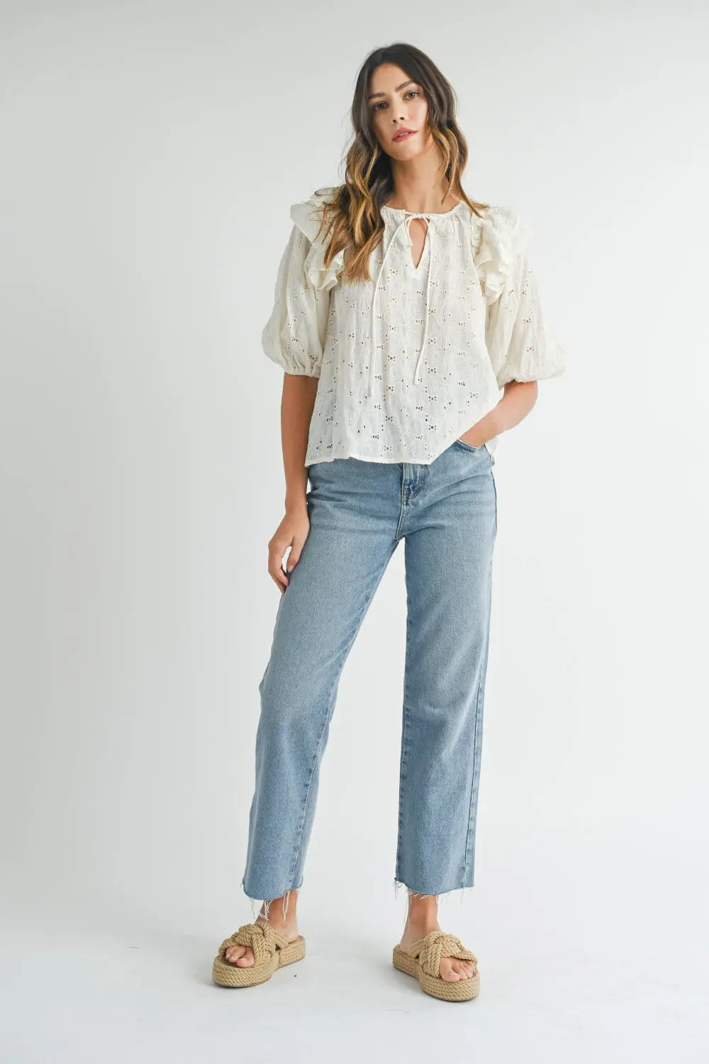 MABLE Eyelet Lace Ruffle Shoulder Puff Sleeve Blouse-Very Besty