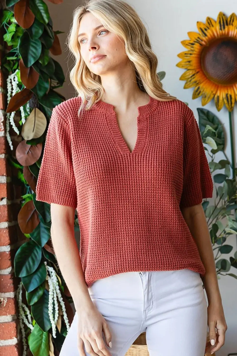 First Love Notched Short Sleeve Knit Top-Very Besty