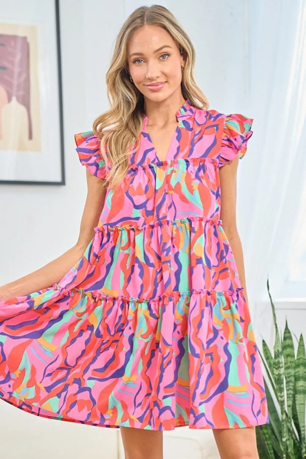 First Love Full Size Printed Ruffle Cap Sleeve Tiered Dress-Very Besty