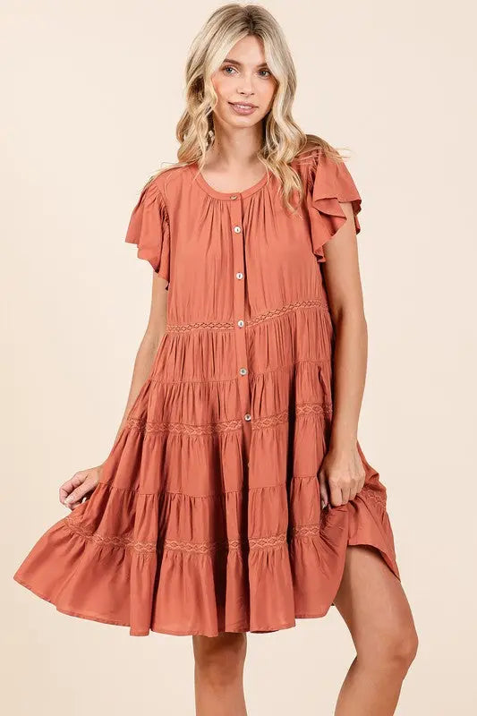 Mittoshop Lace Detail Ruffled Button Down Tiered Dress-Very Besty