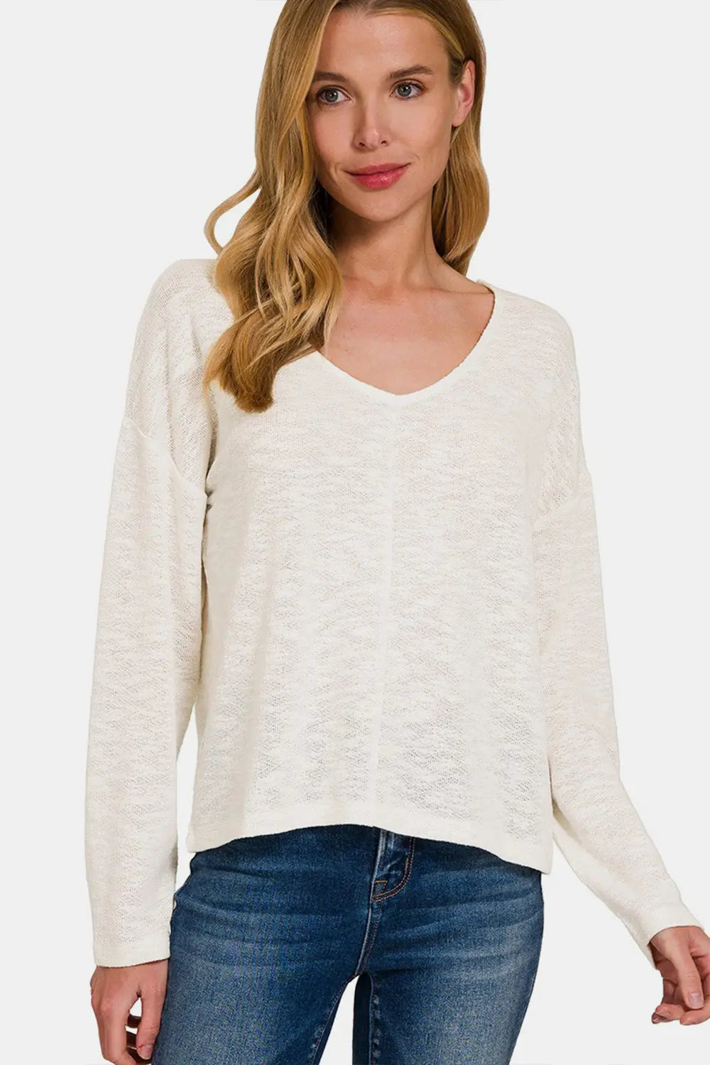 Zenana V-Neck Dropped Shoulder Long Sleeve T-Shirt-Very Besty