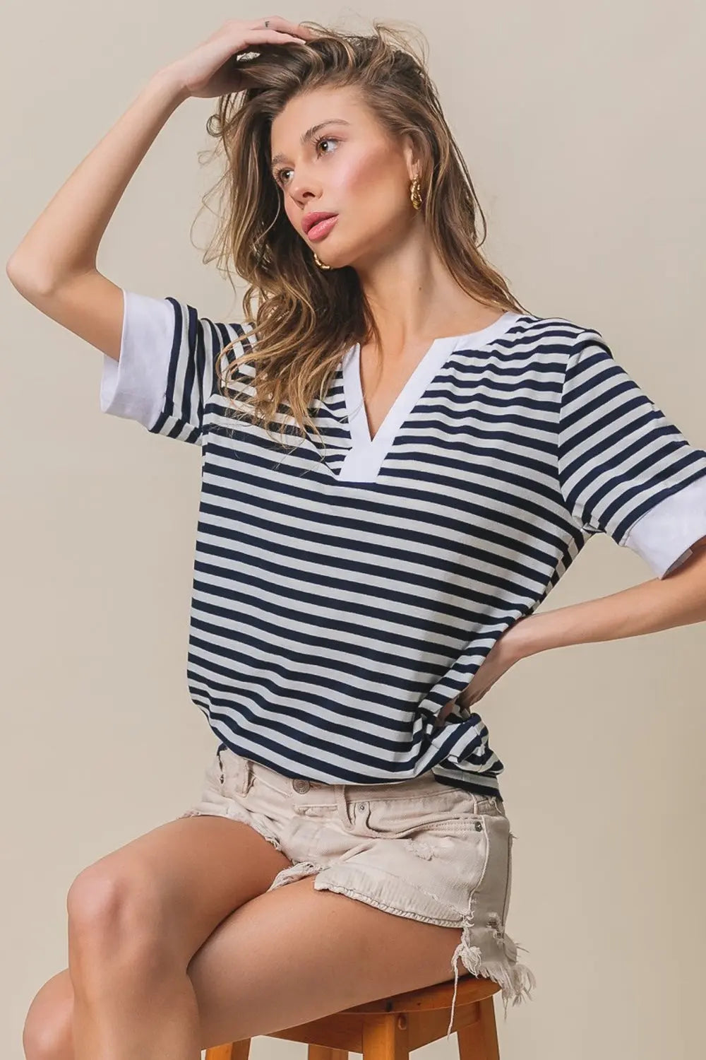BiBi Contrast Striped Notched Knit Top-Very Besty