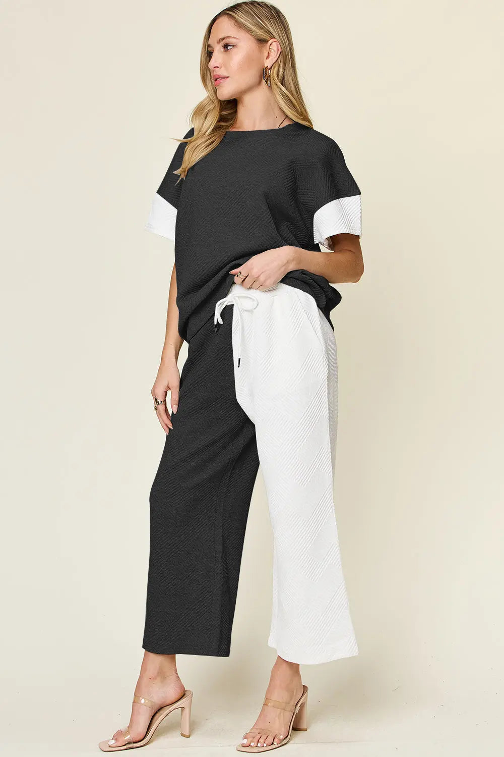 Double Take Full Size Texture Contrast T-Shirt and Wide Leg Pants Set-Very Besty