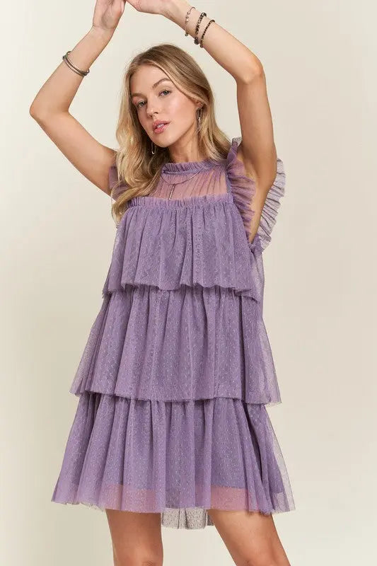 ADORA Layered Ruffled Cap Sleeve Mesh Dress-Very Besty