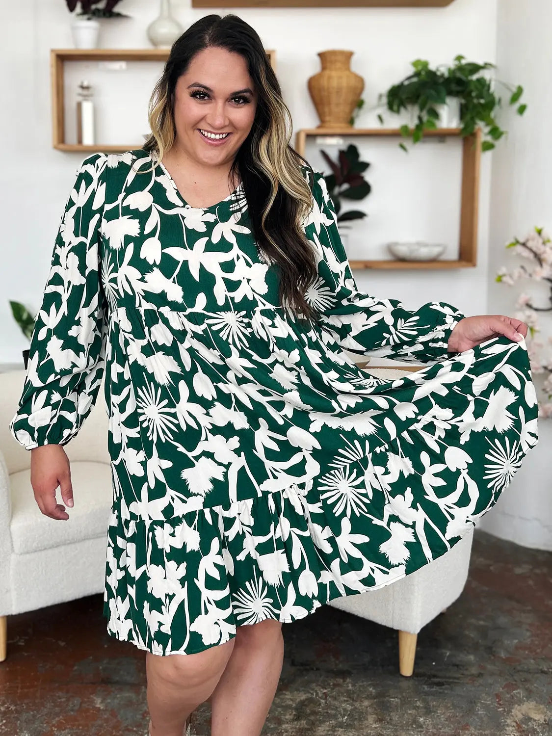 Double Take Full Size Printed Ruffle Hem Dress with Pocket-Very Besty