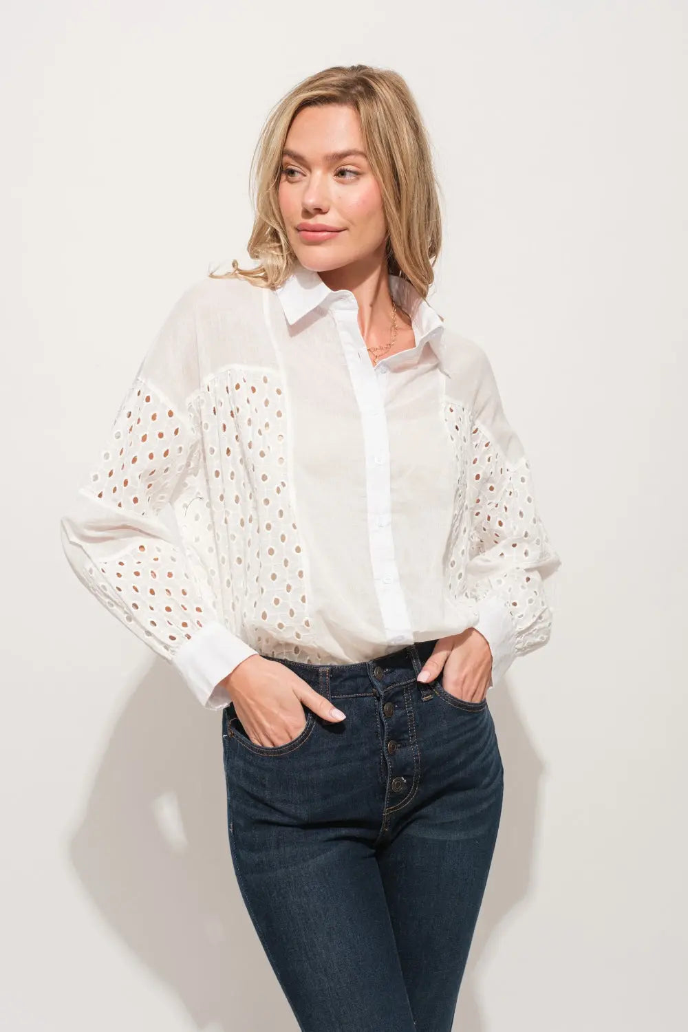 And The Why Eyelet Long Sleeve Button Down Shirt-Very Besty