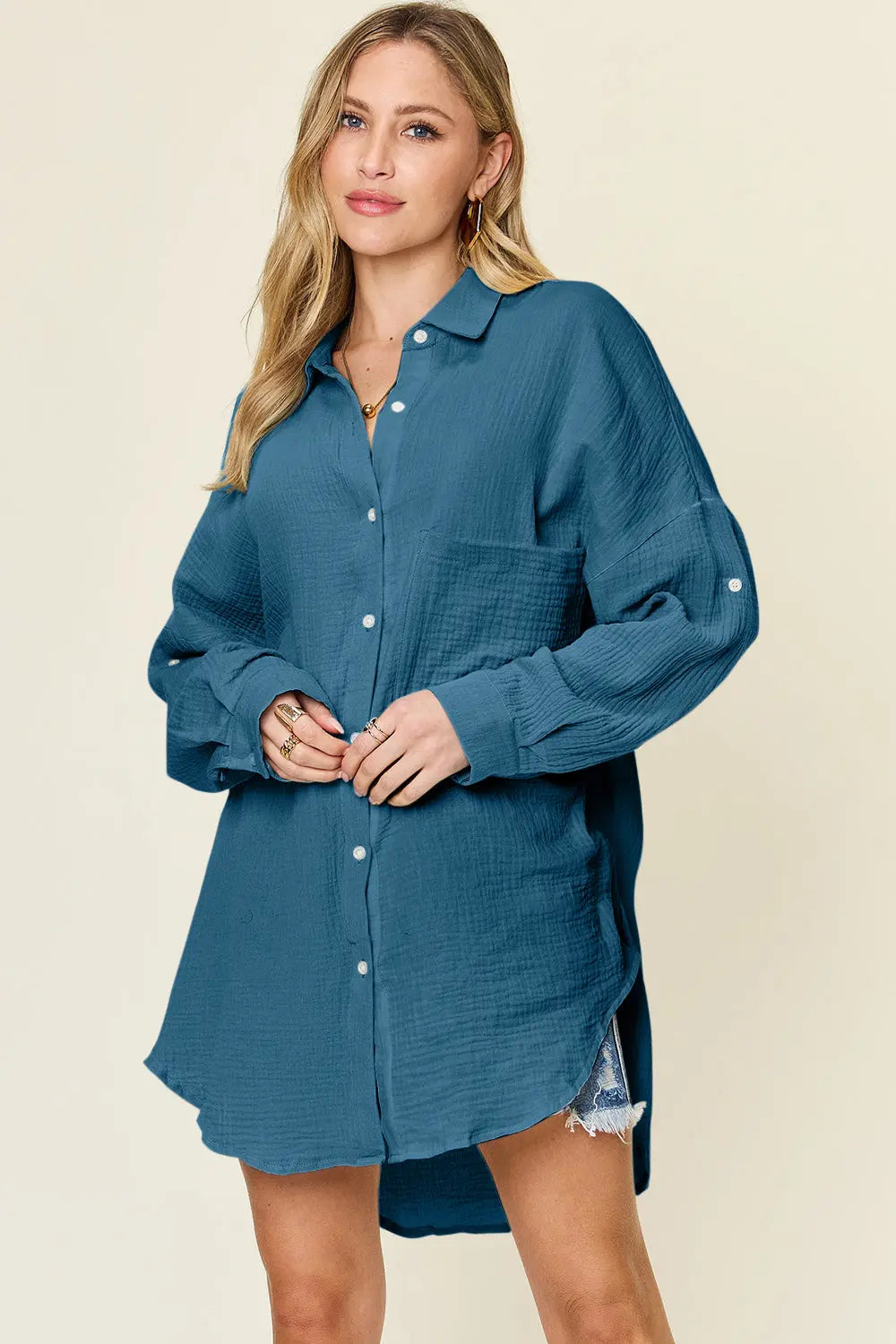 Double Take Full Size Pocketed Texture Button Up Shirt-Very Besty