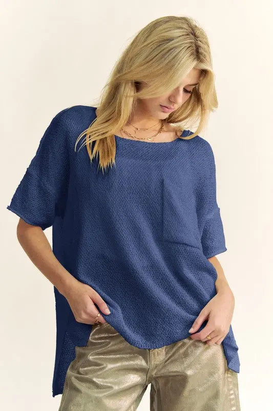 Davi & Dani High-Low Round Neck Knit Top-Very Besty