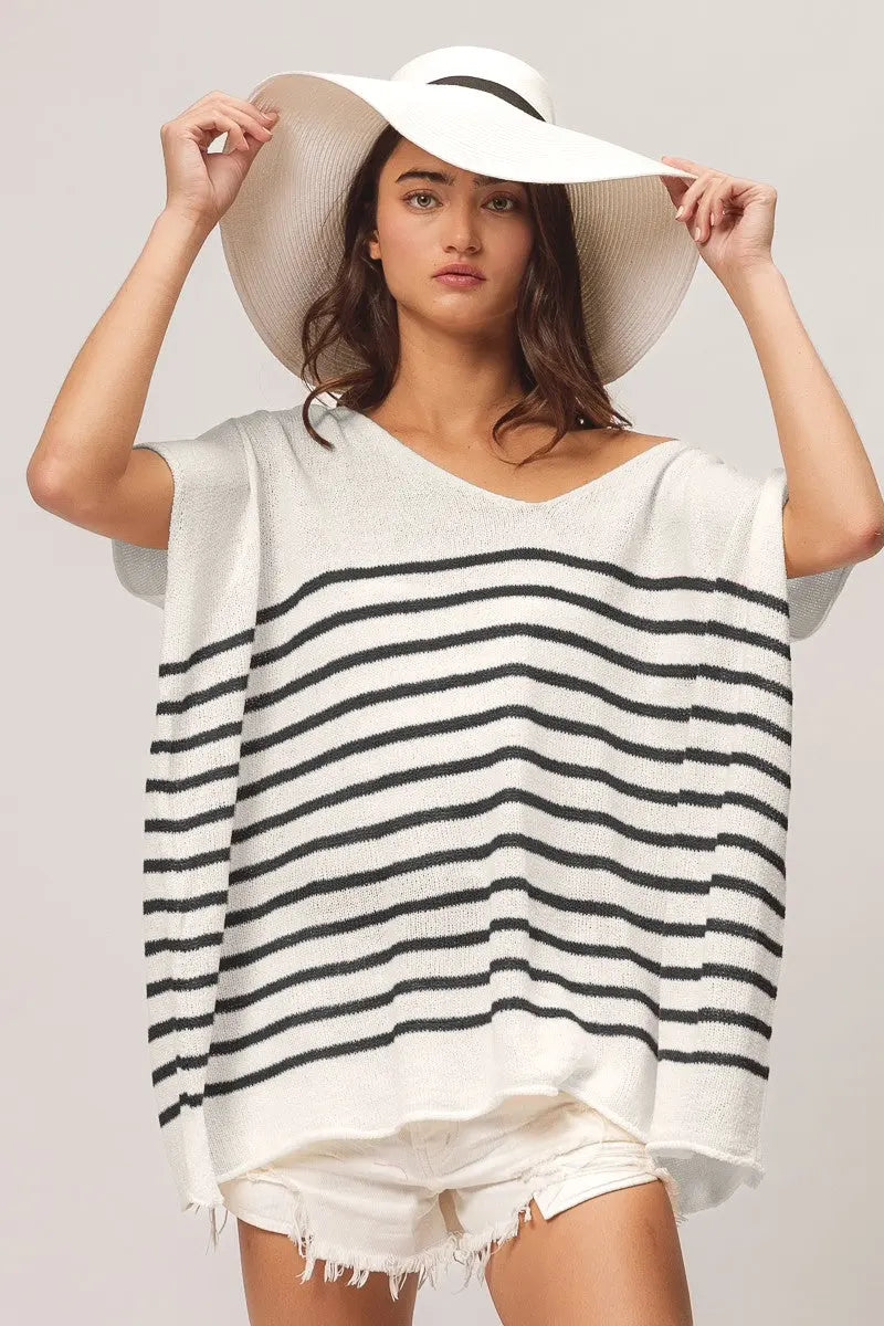 BiBi V Neck Striped Short Sleeve Top-Very Besty