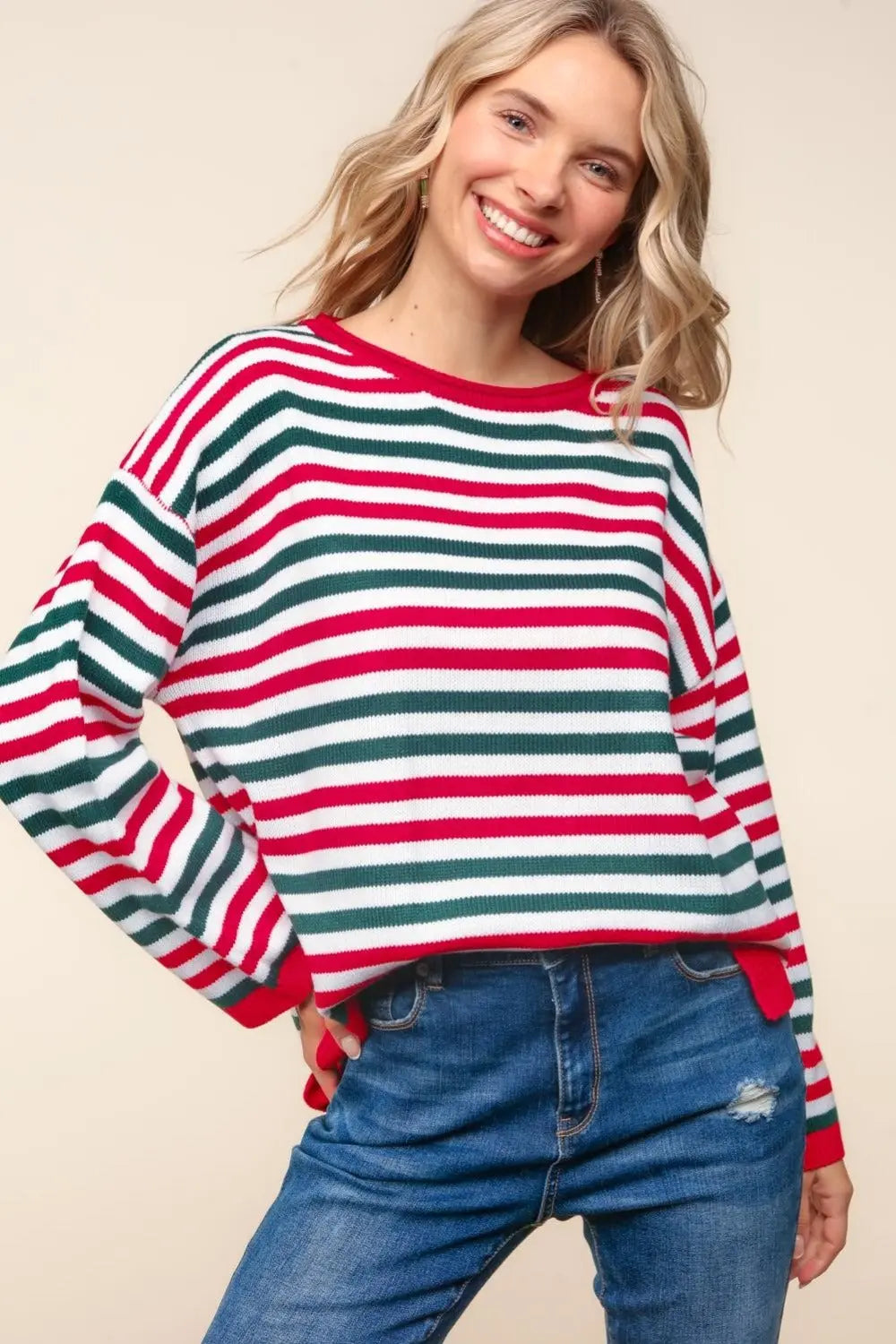Haptics Full Size Striped Contrast Side Slit Knit Top-Very Besty