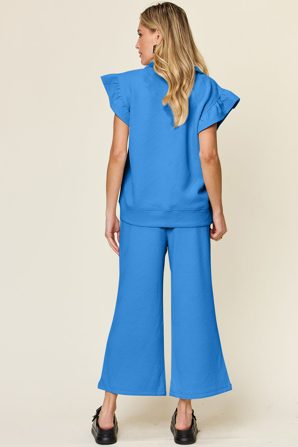 Double Take Texture Ruffle Short Sleeve Top and Drawstring Wide Leg Pants Set-Very Besty