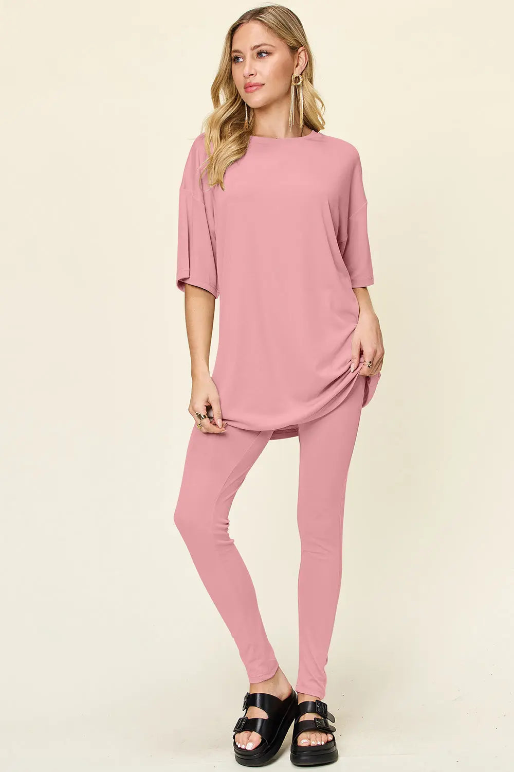 Double Take Full Size Round Neck Dropped Shoulder T-Shirt and Leggings Set-Very Besty