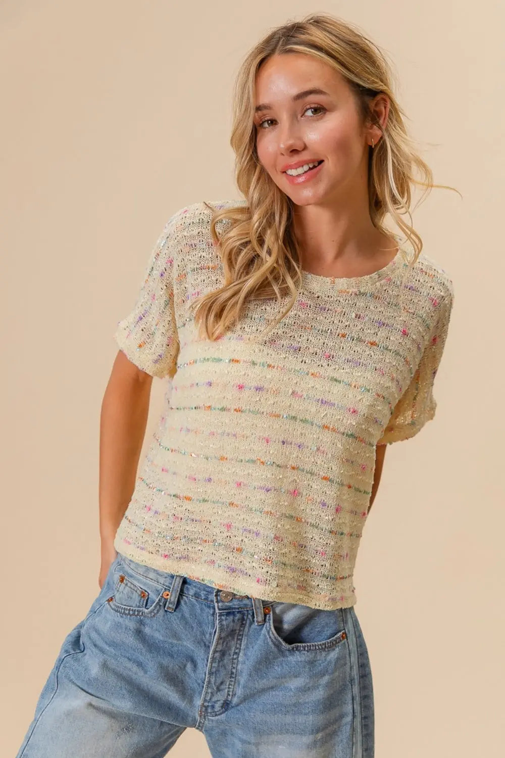 BiBi Striped Popcorn Knit Top-Very Besty