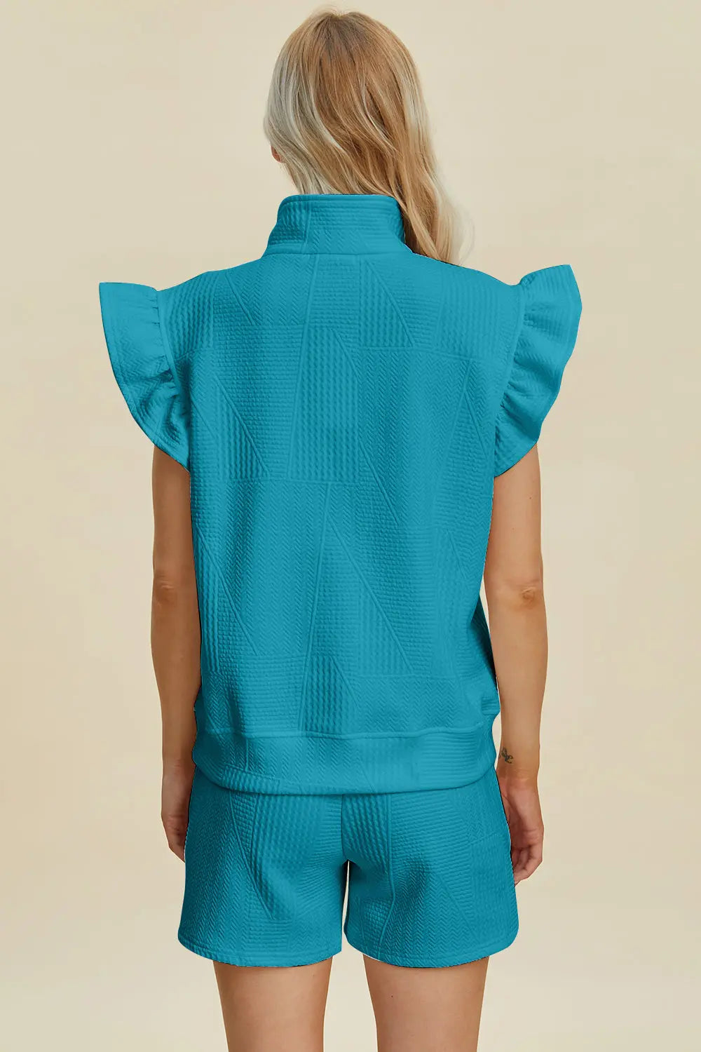 Double Take Full Size Texture Flounce Sleeve Top and Shorts Set-Very Besty