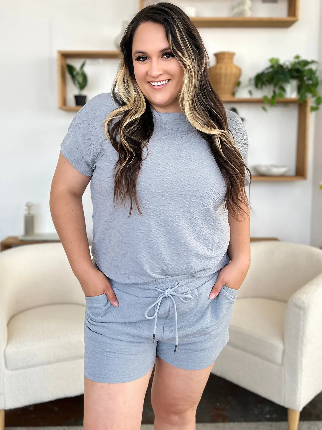 Double Take Full Size Texture Short Sleeve T-Shirt and Drawstring Shorts Set-Very Besty