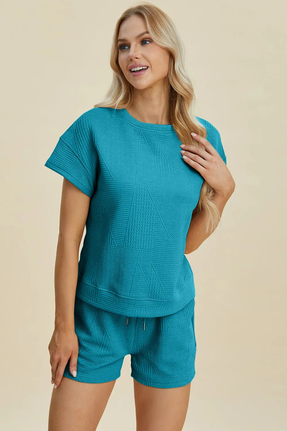 Double Take Full Size Texture Short Sleeve Top and Shorts Set-Very Besty