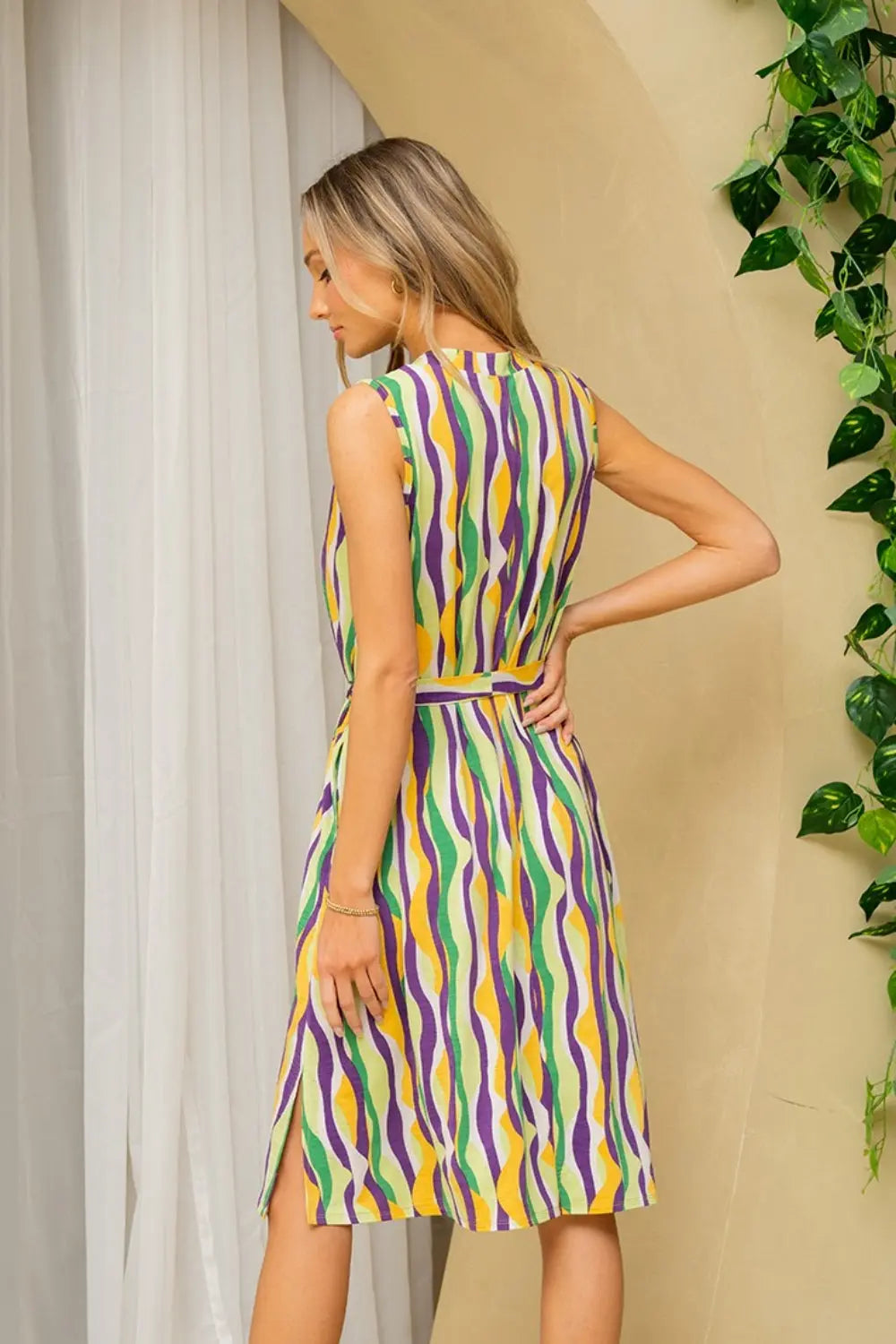 Sew In Love Full Size Stripe Tied Sleeveless Dress with Side Pockets-Very Besty