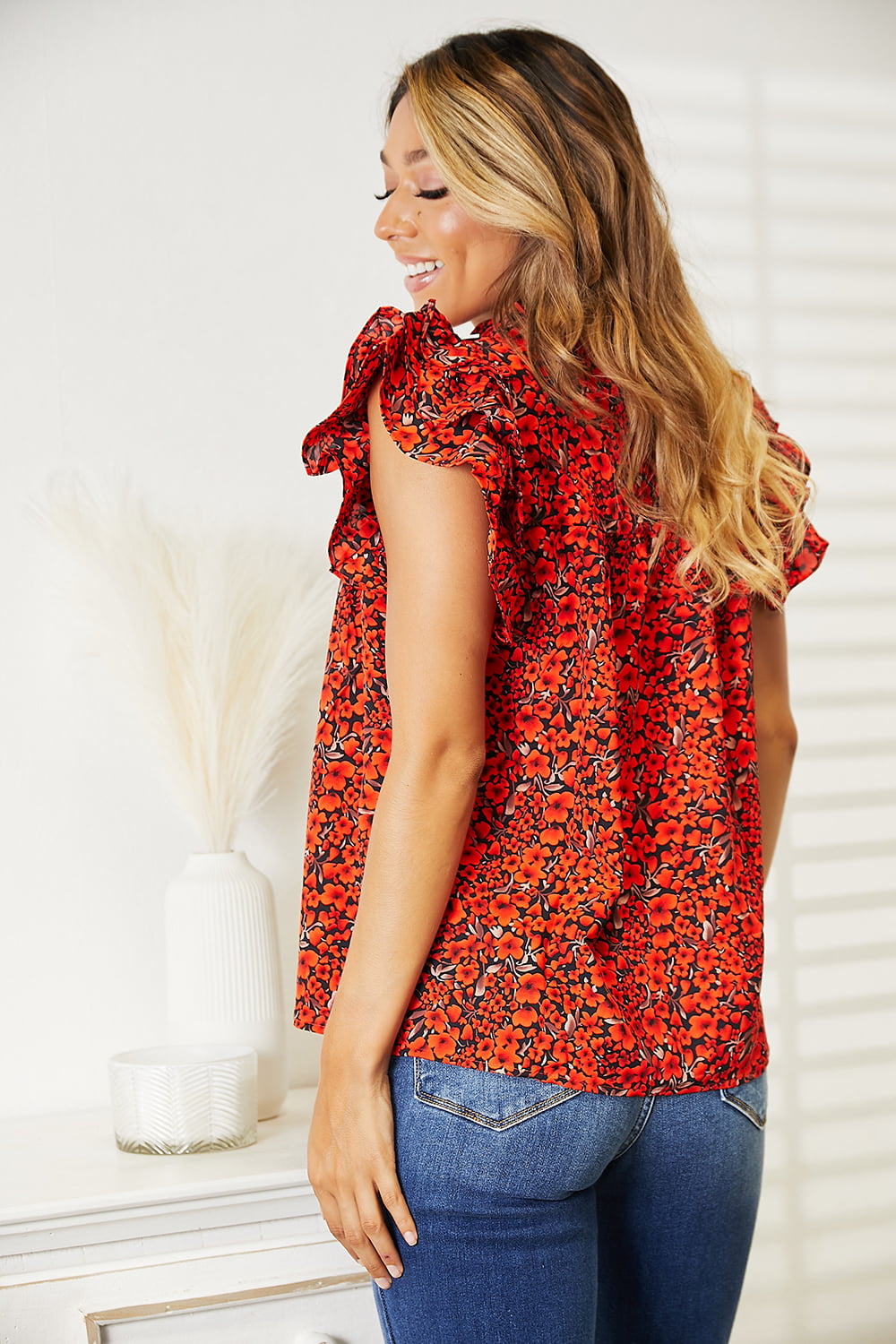 Double Take Floral Flutter Sleeve Notched Neck Blouse-Very Besty
