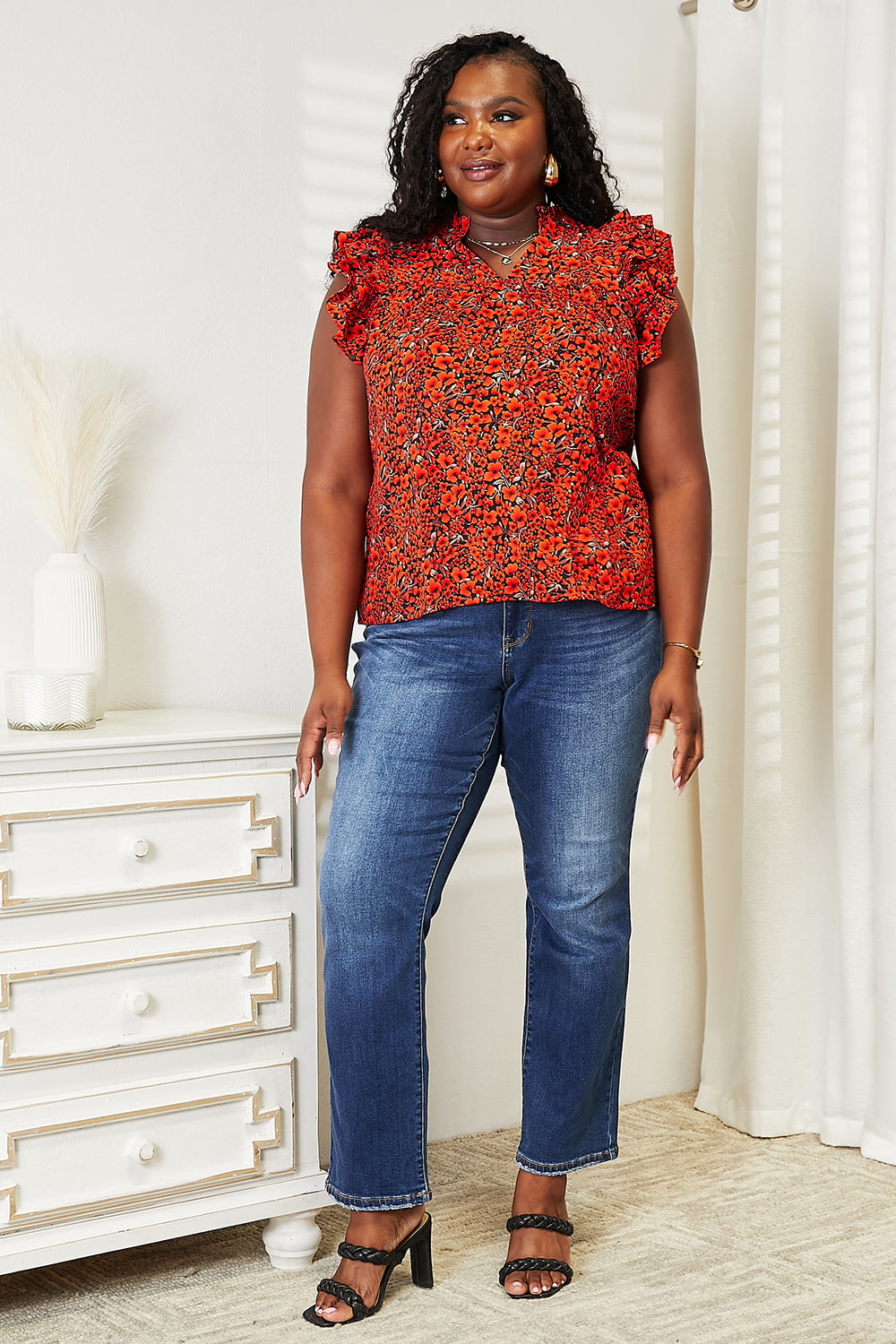 Double Take Floral Flutter Sleeve Notched Neck Blouse-Very Besty