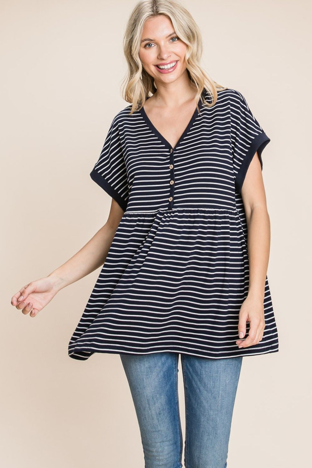 Cotton Bleu by Nu Label Striped Button Front Baby Doll Top-Very Besty