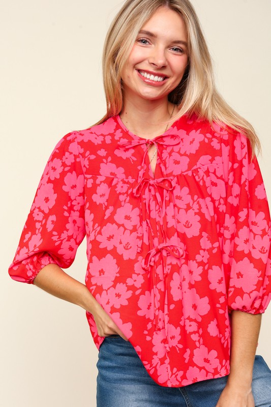 Haptics Full Size Ribbon Bow Floral Balloon Sleeve Blouse-Very Besty