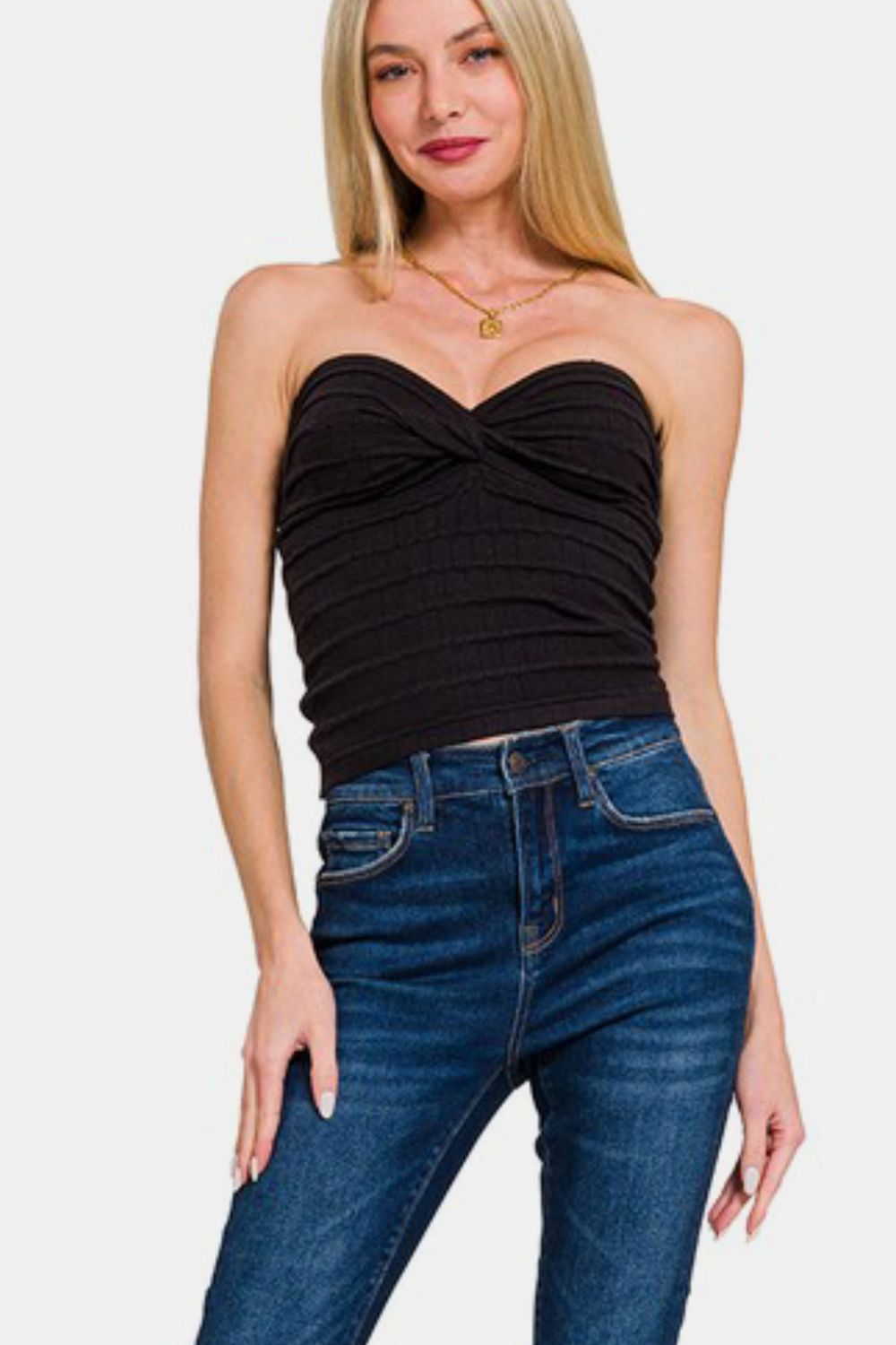 Zenana Ruched Twisted Sweetheart Neck Top-Very Besty