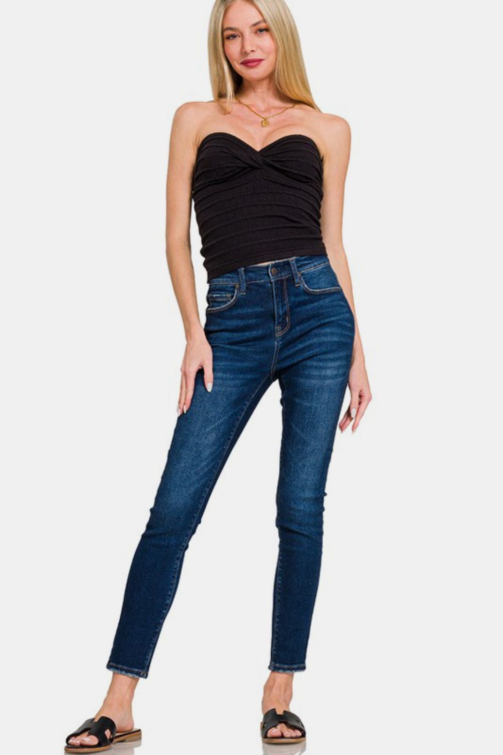 Zenana Ruched Twisted Sweetheart Neck Top-Very Besty