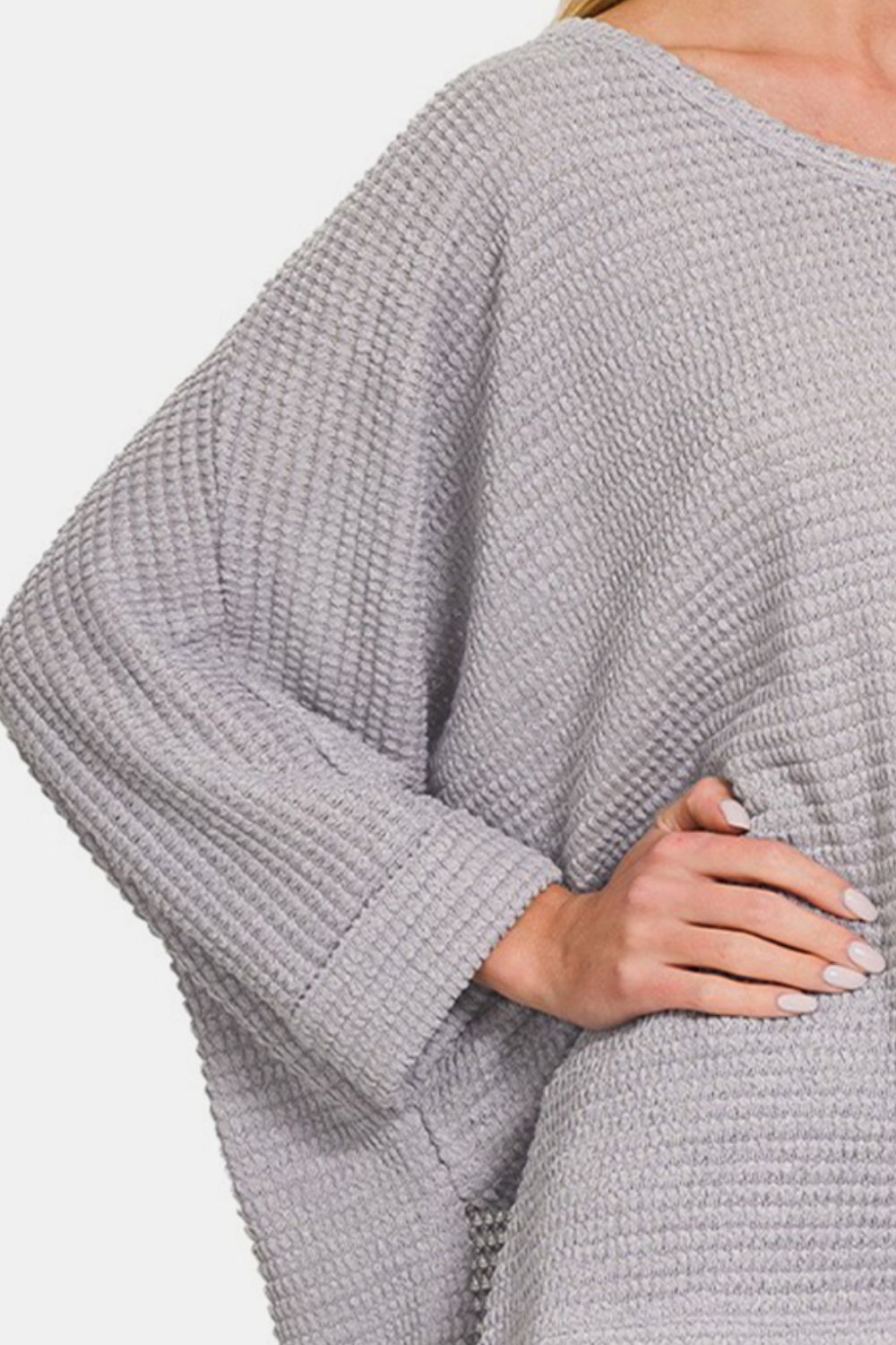 Zenana Waffle Knit V-Neck Long Sleeve Slit Top-Very Besty