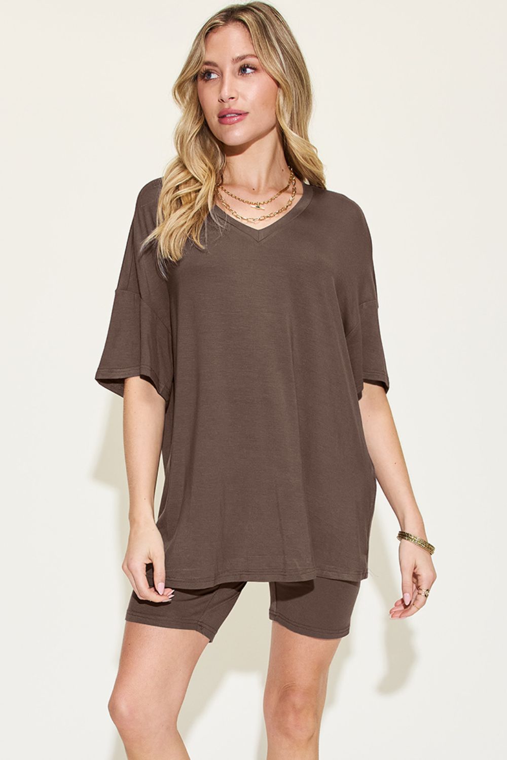 Basic Bae Full Size V-Neck Drop Shoulder T-Shirt and Shorts Set-Very Besty