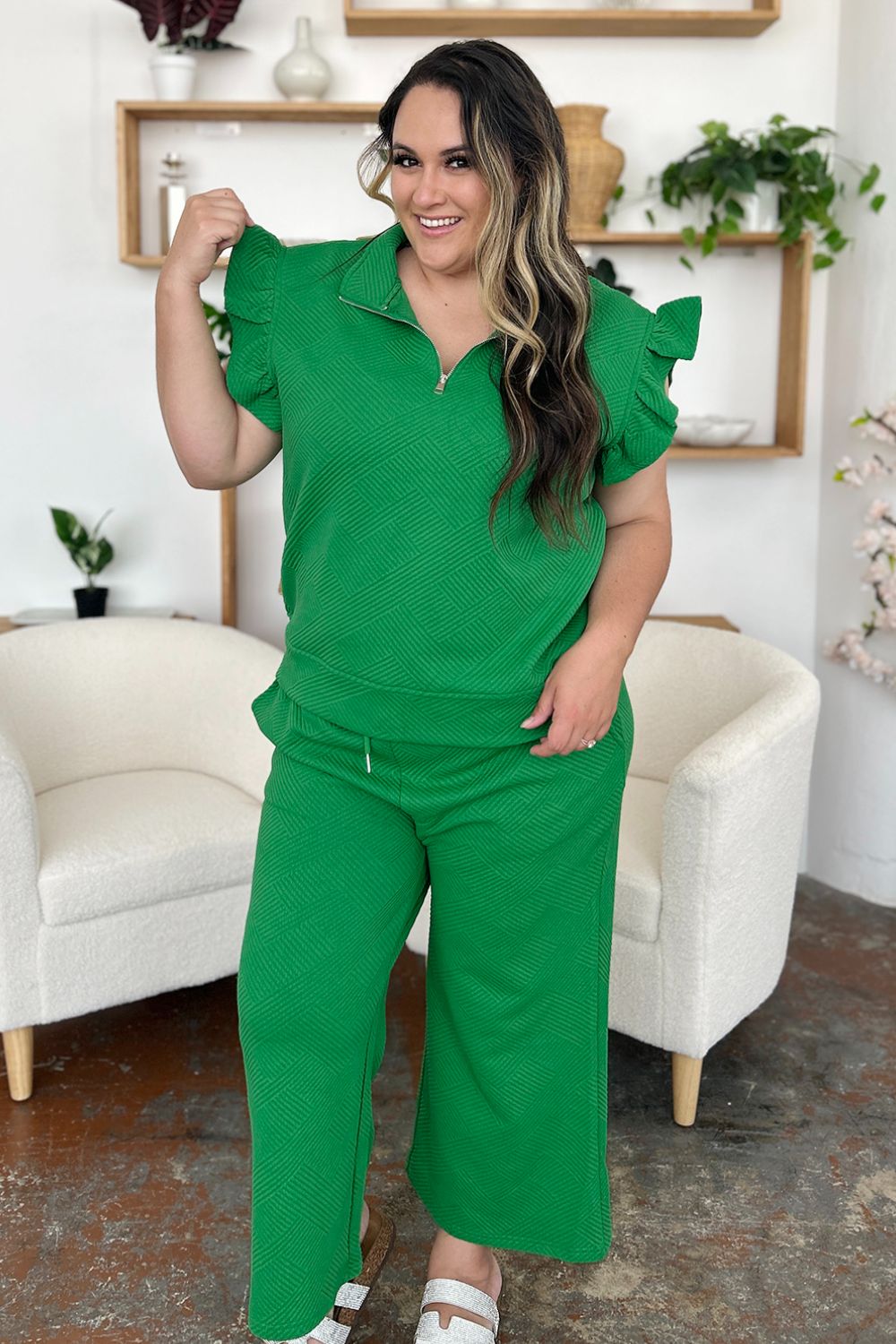 Double Take Texture Ruffle Short Sleeve Top and Drawstring Wide Leg Pants Set-Very Besty