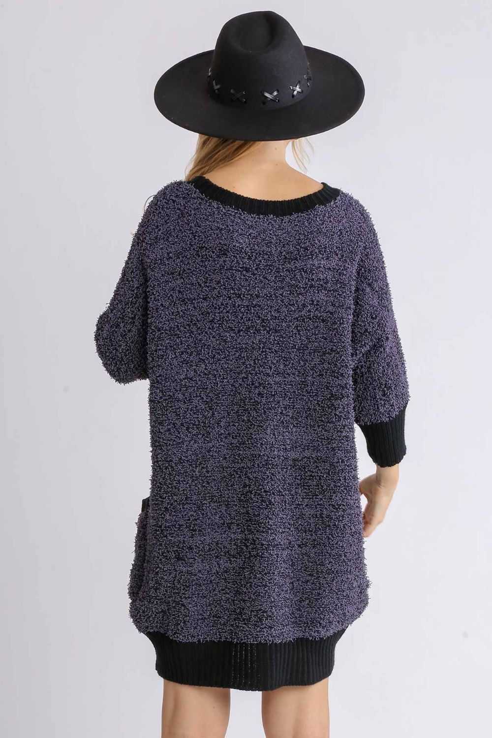 Umgee Full Size Ribbed Hem Round Neck 3/4 Sleeve Sweater Dress with Pockets Plus Size-Very Besty
