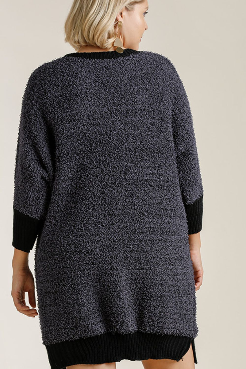 Umgee Full Size Ribbed Hem Round Neck 3/4 Sleeve Sweater Dress with Pockets Plus Size-Very Besty