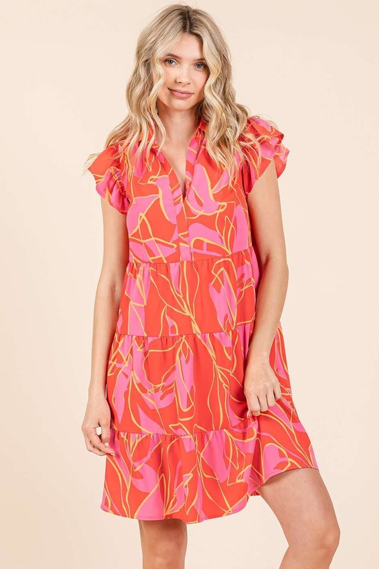 Mittoshop Leaf Print Ruffle Sleeve Tiered Mini Dress-Very Besty