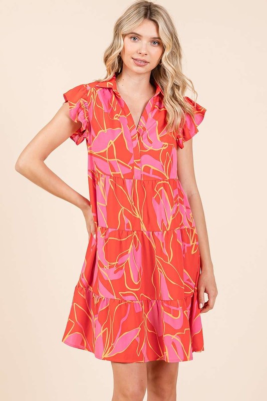 Mittoshop Leaf Print Ruffle Sleeve Tiered Mini Dress-Very Besty