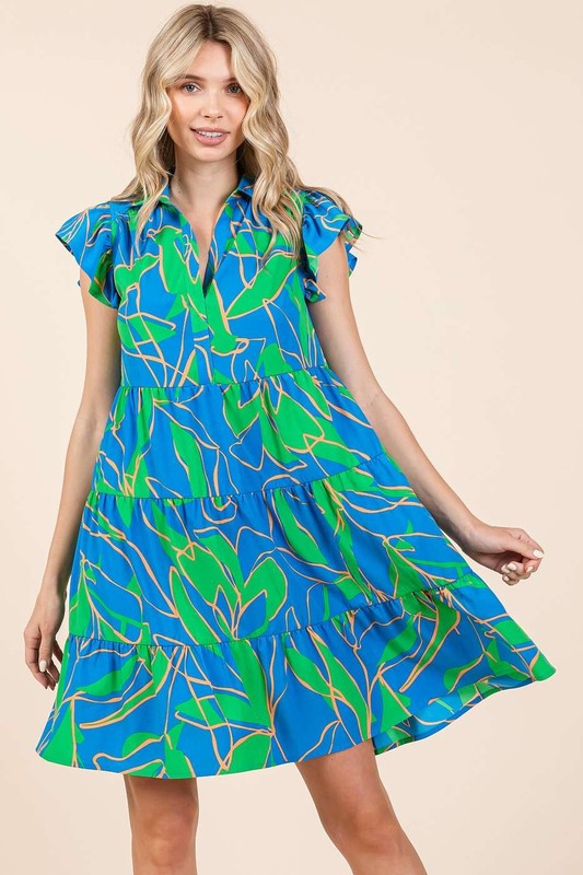 Mittoshop Leaf Print Ruffle Sleeve Tiered Mini Dress-Very Besty