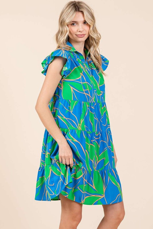 Mittoshop Leaf Print Ruffle Sleeve Tiered Mini Dress-Very Besty