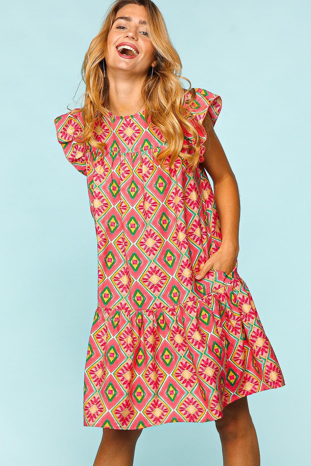 Haptics Full Size Ruffled Printed Dress with Side Pockets-Very Besty