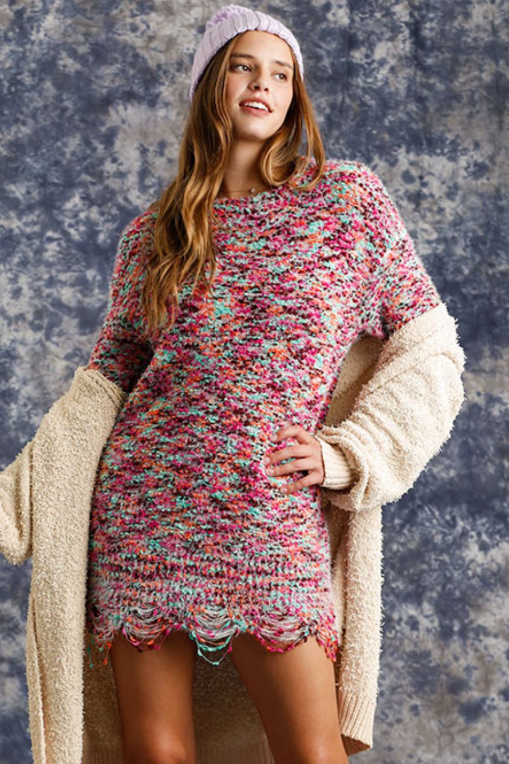 Umgee Full Size Distressed Hem Multicolored Round Neck Knit Tunic Dress Plus Size-Very Besty