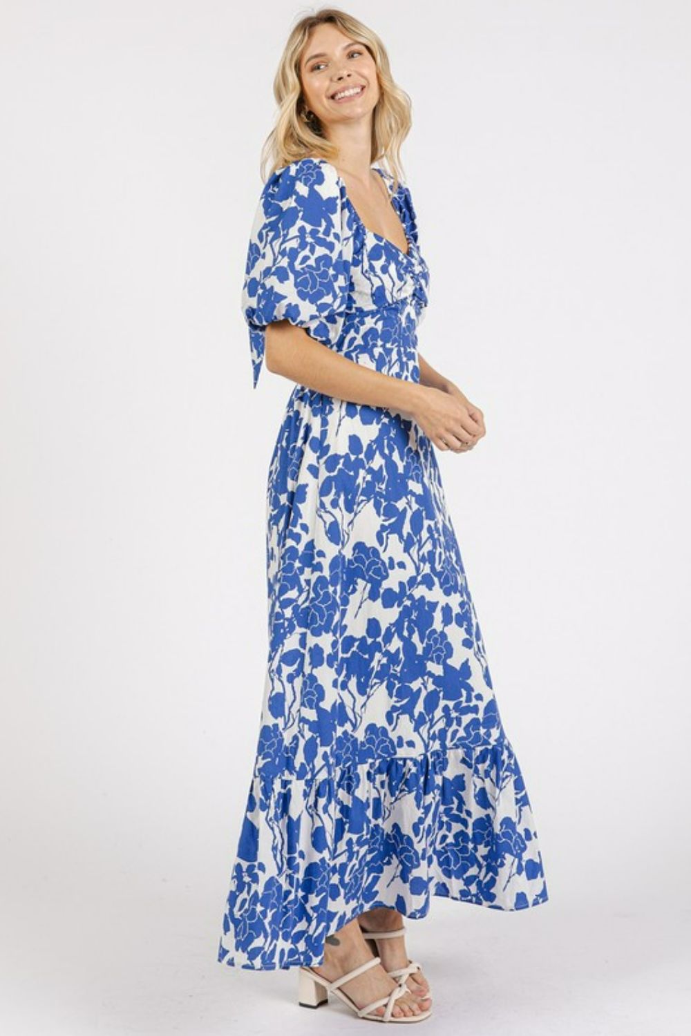 Mittoshop Cutout Back Floral Sweetheart Neck Puff Sleeve Dress-Very Besty