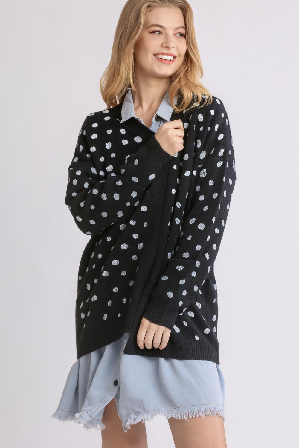 Umgee Polka Dot Open Front Drop Shoulder Cardigan-Very Besty