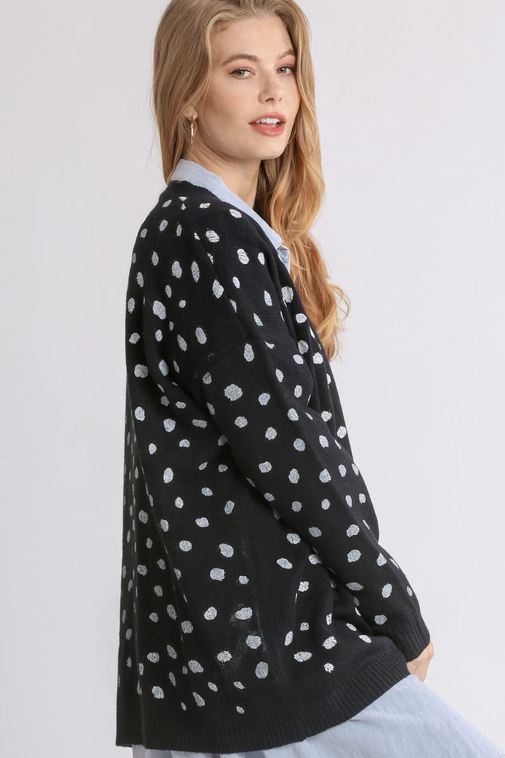 Umgee Polka Dot Open Front Drop Shoulder Cardigan-Very Besty