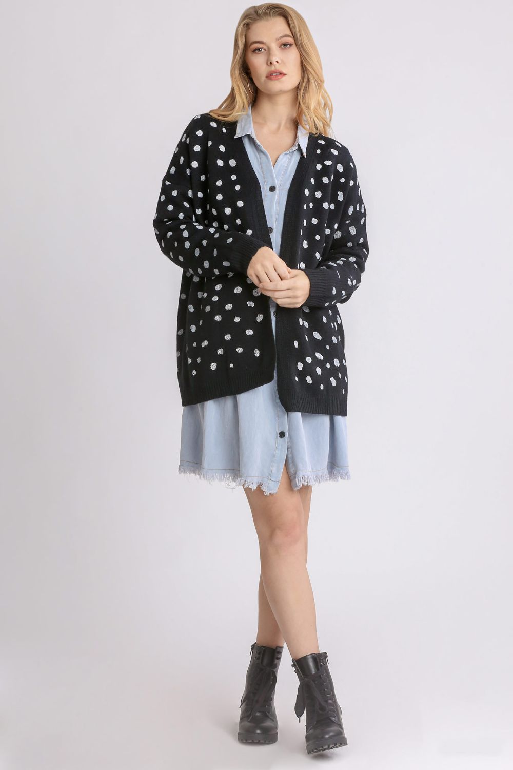 Umgee Polka Dot Open Front Drop Shoulder Cardigan-Very Besty