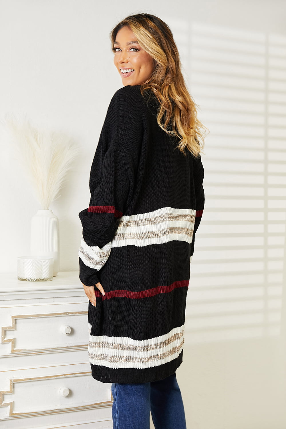 Perfee Striped Rib-Knit Drop Shoulder Open Front Cardigan-Very Besty