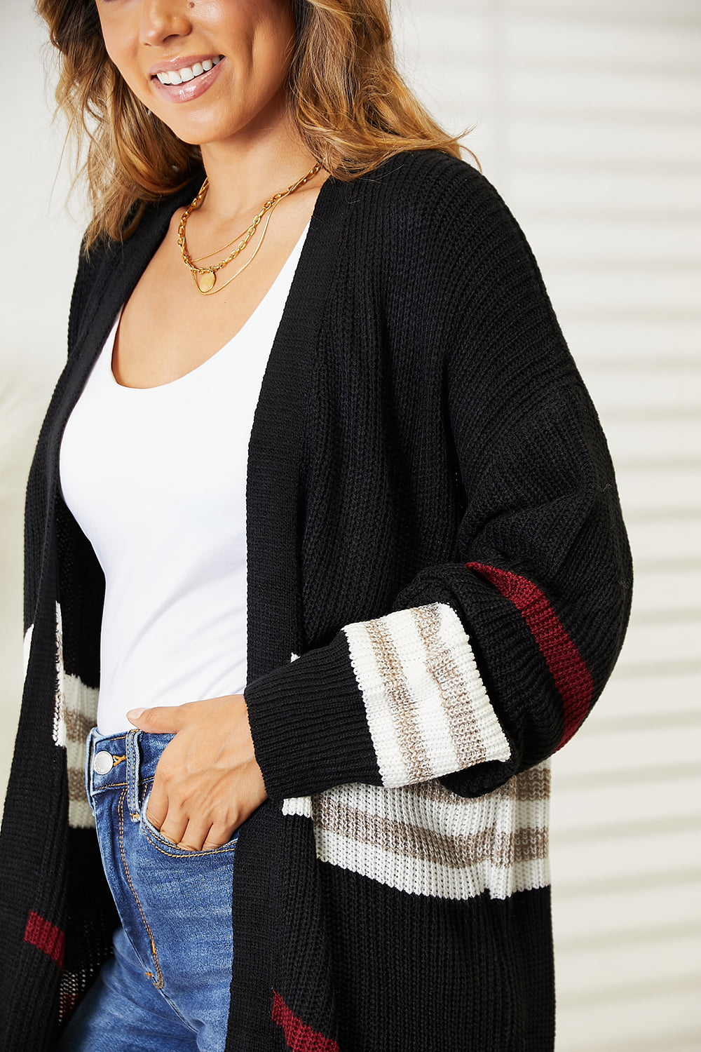 Perfee Striped Rib-Knit Drop Shoulder Open Front Cardigan-Very Besty