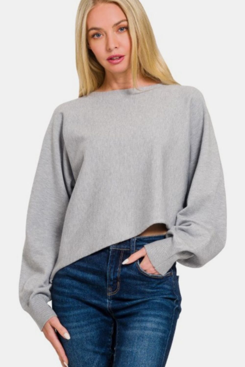 Zenana Asymmetric Hem Long Sleeve Sweater-Very Besty