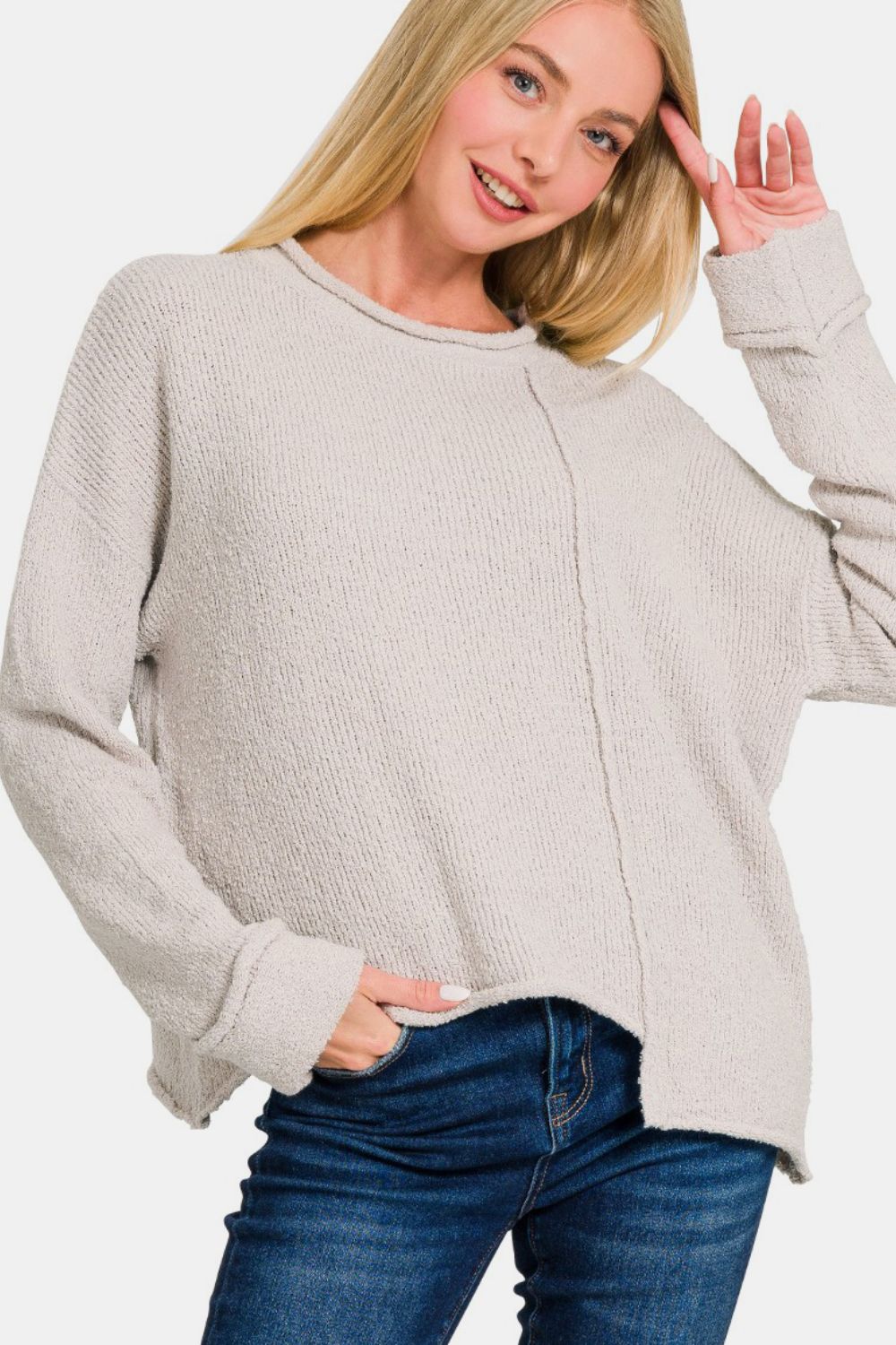 Zenana Asymmetric Hem Drop Shoulder Sweater-Very Besty