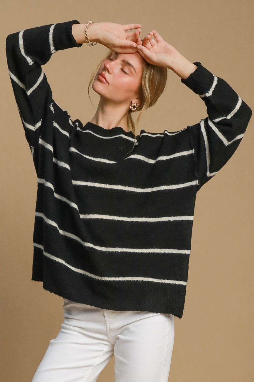 Umgee Wool Blend Striped Round Neck Sweater-Very Besty