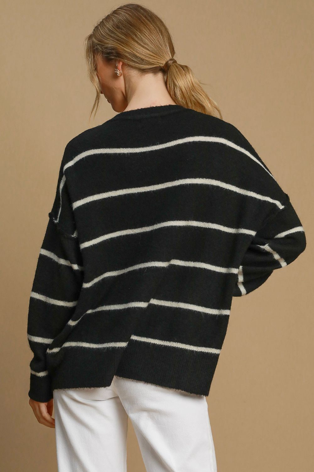 Umgee Wool Blend Striped Round Neck Sweater-Very Besty
