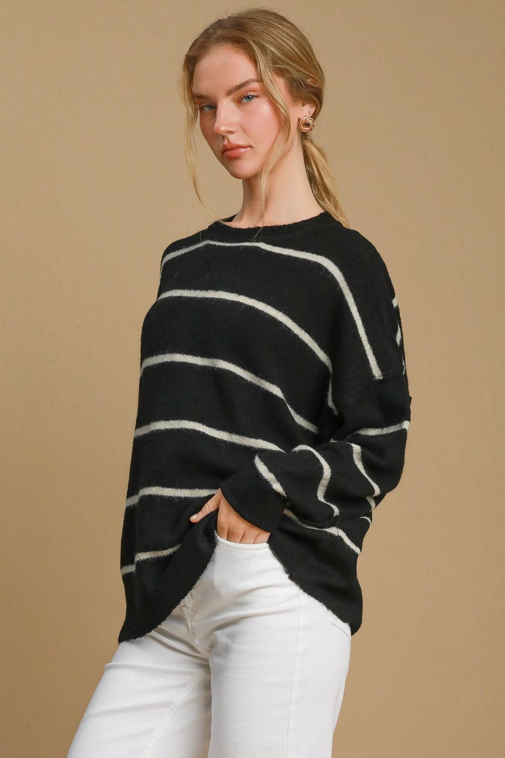Umgee Wool Blend Striped Round Neck Sweater-Very Besty