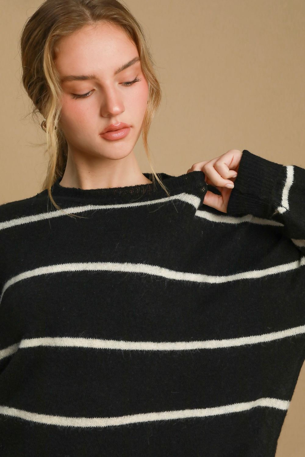 Umgee Wool Blend Striped Round Neck Sweater-Very Besty